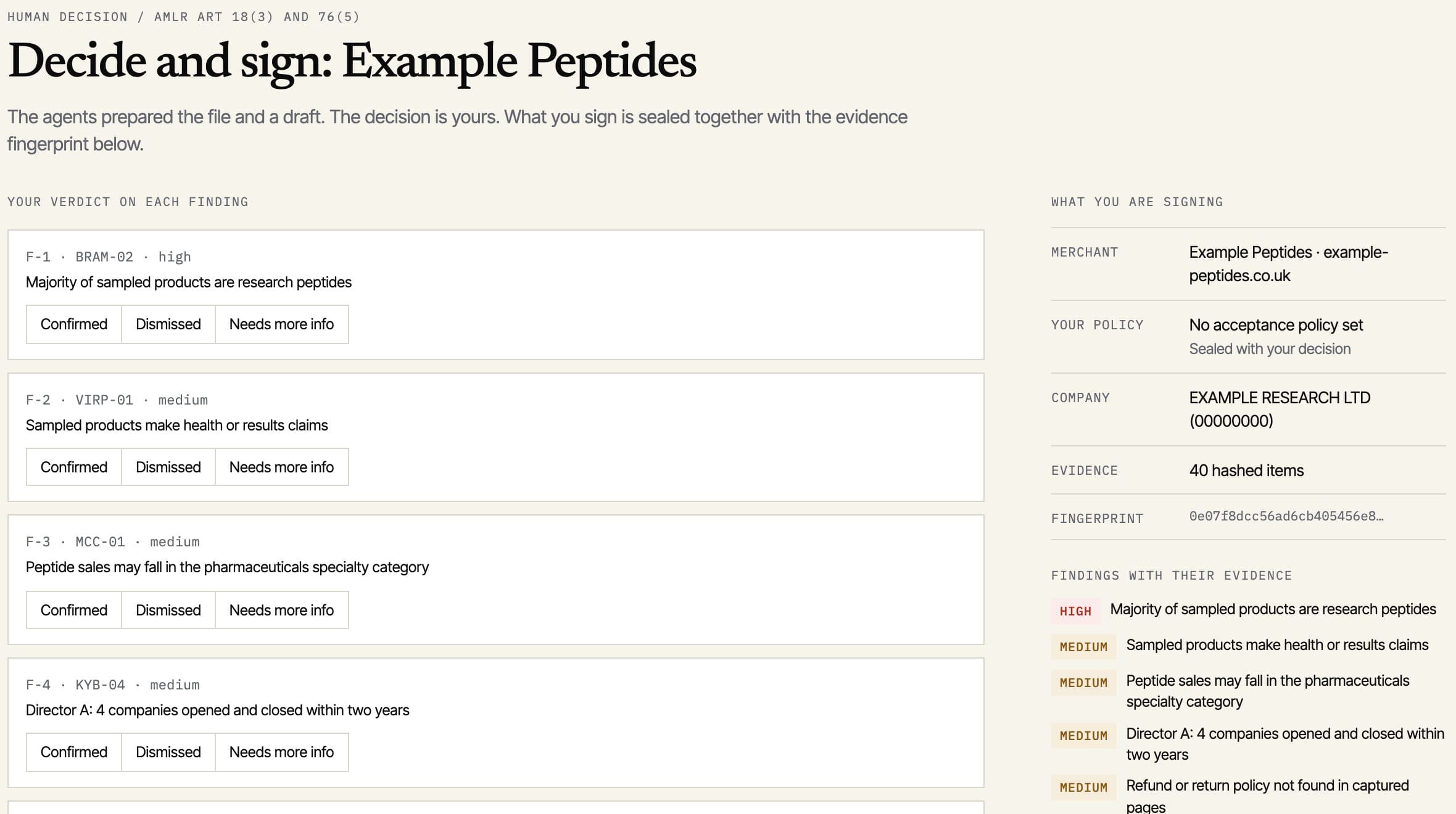 The decide-and-sign screen with a verdict on each finding
